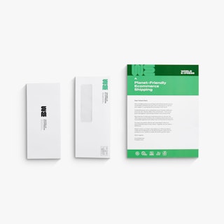 A letter mailer custom printed in green and white next to a matching window envelope and reply envelope.