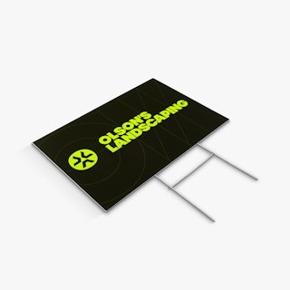 A yard sign printed with Olson's Landscaping in black and yellow with an H-stake.
